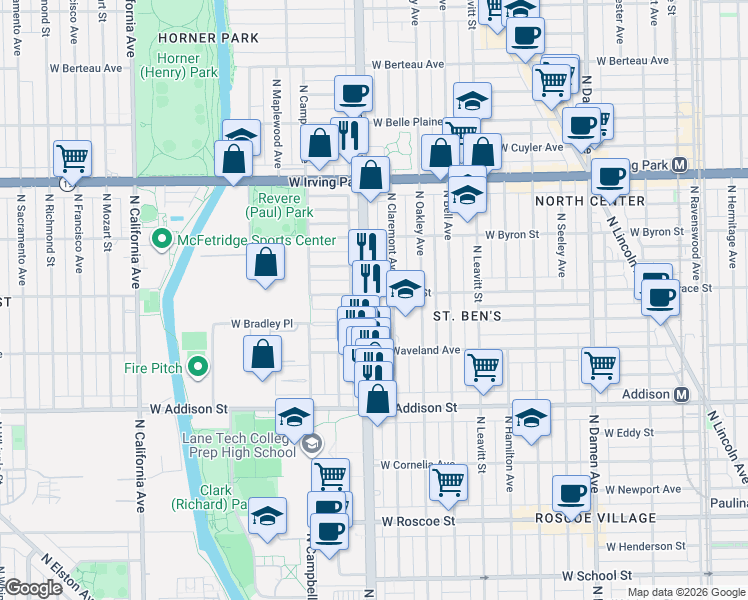 map of restaurants, bars, coffee shops, grocery stores, and more near 3800 North Western Avenue in Chicago
