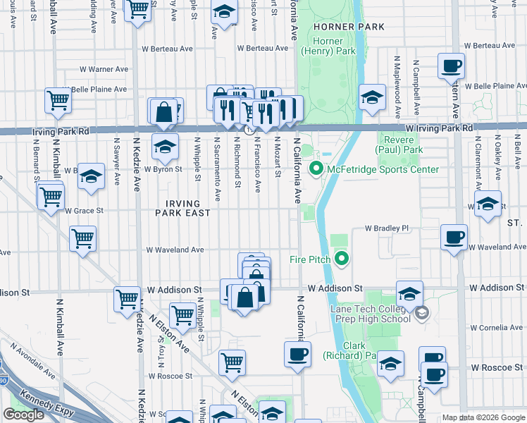 map of restaurants, bars, coffee shops, grocery stores, and more near 3803 North Francisco Avenue in Chicago