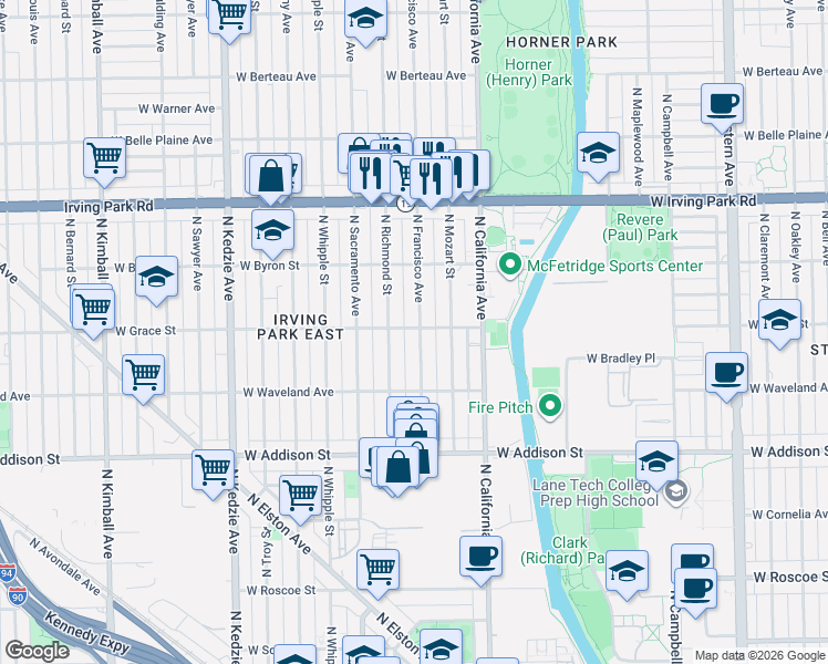 map of restaurants, bars, coffee shops, grocery stores, and more near 3803 North Francisco Avenue in Chicago