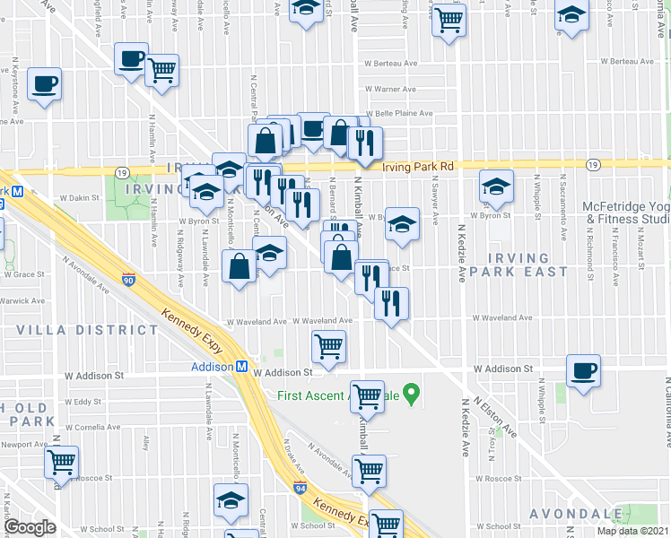 map of restaurants, bars, coffee shops, grocery stores, and more near 3805 North Bernard Street in Chicago