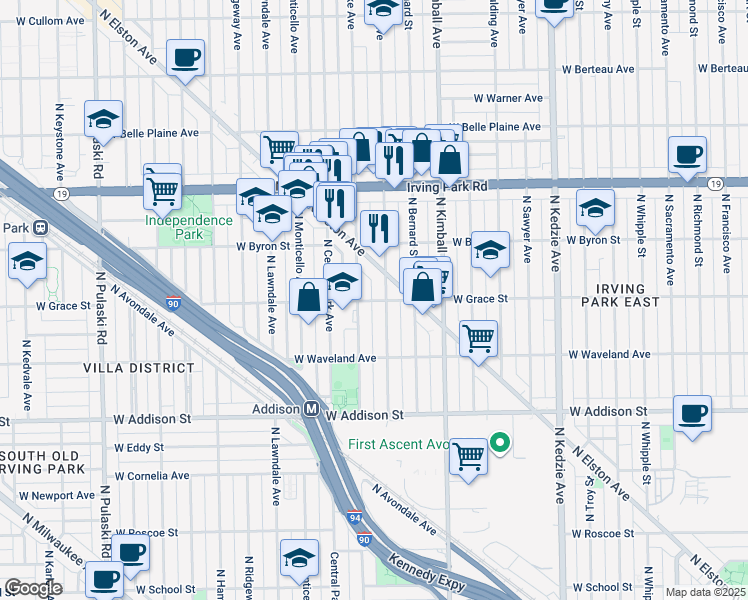 map of restaurants, bars, coffee shops, grocery stores, and more near 3808 North Saint Louis Avenue in Chicago