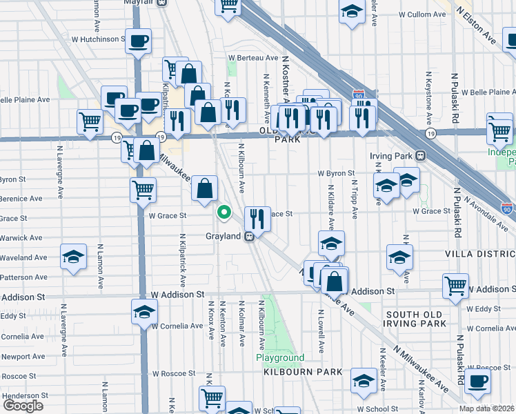 map of restaurants, bars, coffee shops, grocery stores, and more near 3818 North Kenneth Avenue in Chicago