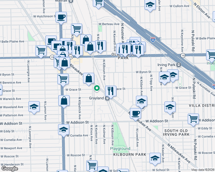map of restaurants, bars, coffee shops, grocery stores, and more near 3823 North Kilbourn Avenue in Chicago