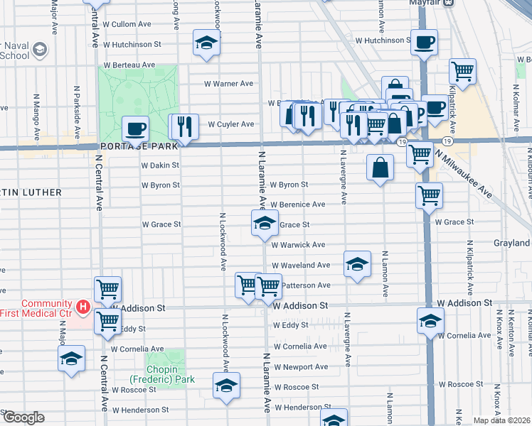map of restaurants, bars, coffee shops, grocery stores, and more near 5211 West Berenice Avenue in Chicago