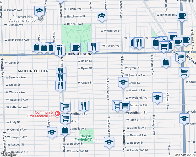 map of restaurants, bars, coffee shops, grocery stores, and more near 5319 West Berenice Avenue in Chicago