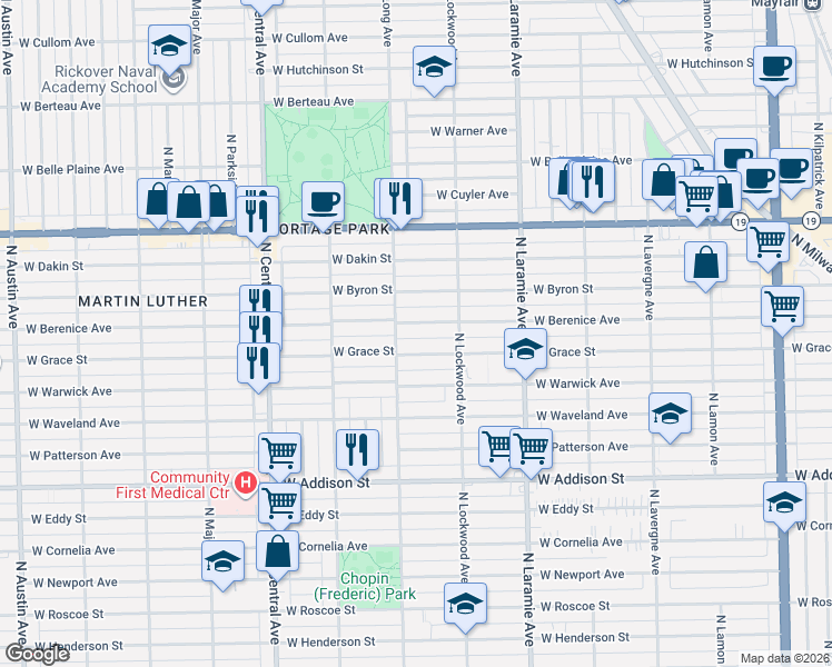 map of restaurants, bars, coffee shops, grocery stores, and more near 5319 West Berenice Avenue in Chicago