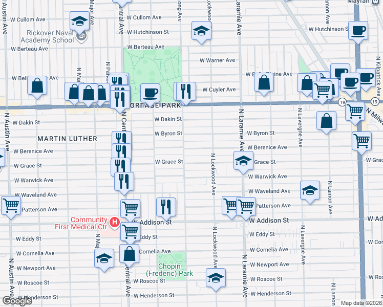 map of restaurants, bars, coffee shops, grocery stores, and more near 3824 North Long Avenue in Chicago