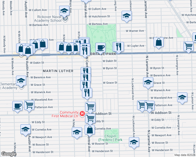 map of restaurants, bars, coffee shops, grocery stores, and more near 5510 West Berenice Avenue in Chicago