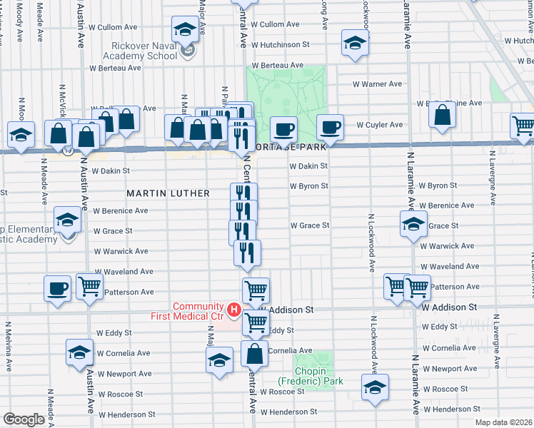 map of restaurants, bars, coffee shops, grocery stores, and more near 3833 North Central Avenue in Chicago