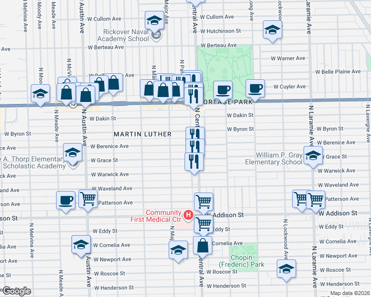 map of restaurants, bars, coffee shops, grocery stores, and more near 5624 West Berenice Avenue in Chicago