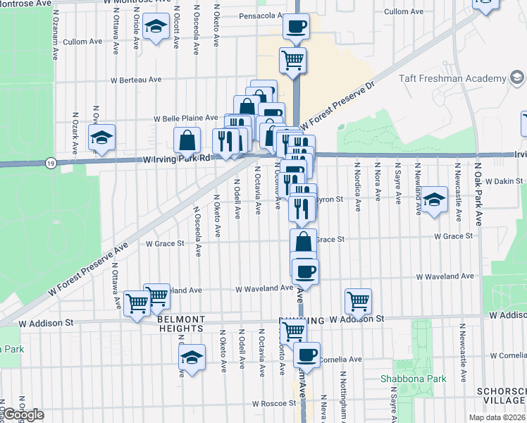 map of restaurants, bars, coffee shops, grocery stores, and more near 3858 North Octavia Avenue in Chicago