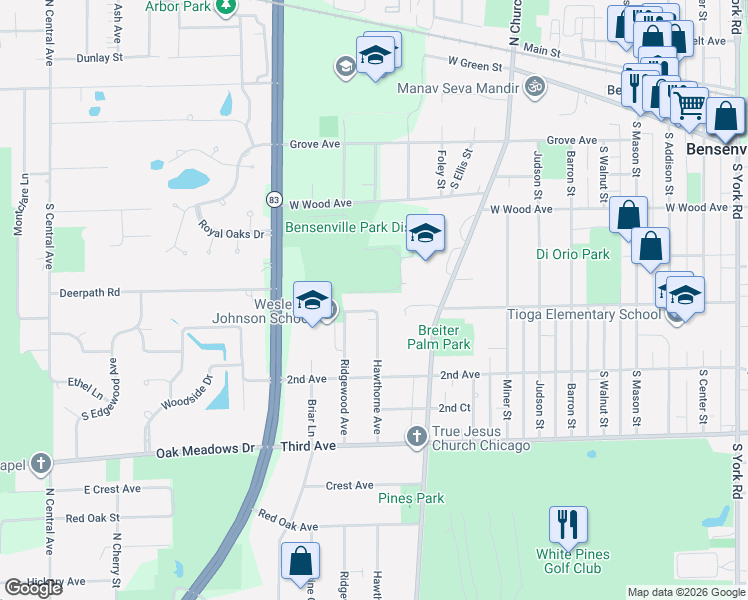 map of restaurants, bars, coffee shops, grocery stores, and more near 347 Park Street in Bensenville
