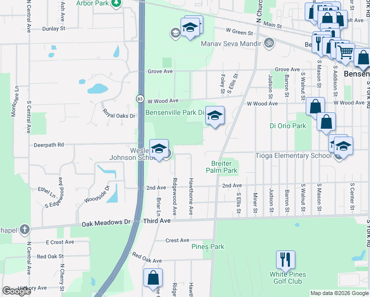 map of restaurants, bars, coffee shops, grocery stores, and more near 347 Park Street in Bensenville