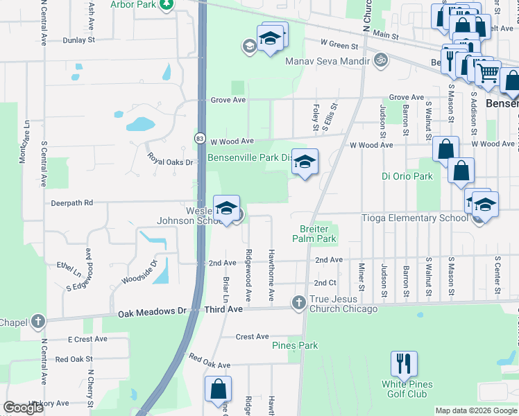 map of restaurants, bars, coffee shops, grocery stores, and more near 347 Park Street in Bensenville