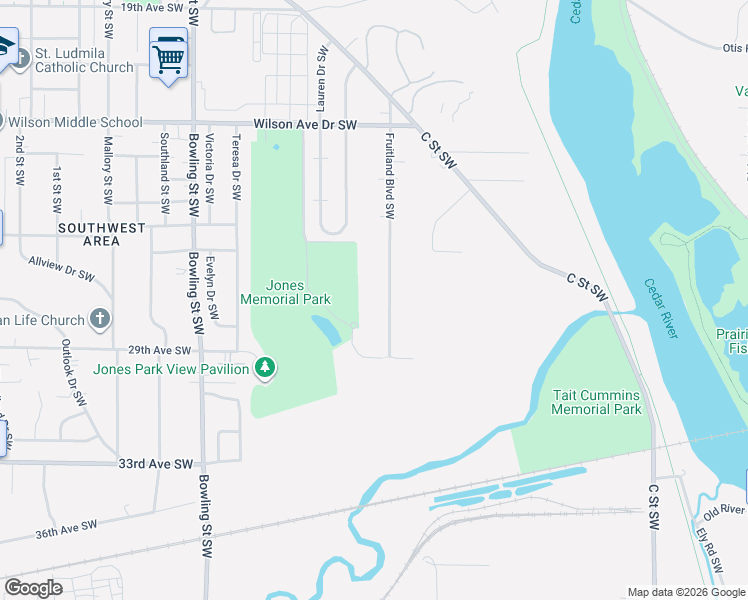 map of restaurants, bars, coffee shops, grocery stores, and more near 2662 Fruitland Blvd SW in Cedar Rapids