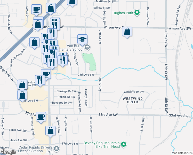 map of restaurants, bars, coffee shops, grocery stores, and more near 2713-2719 28th Avenue Southwest in Cedar Rapids
