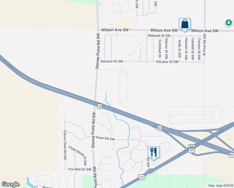 map of restaurants, bars, coffee shops, grocery stores, and more near 2914 Bryant Boulevard Southwest in Cedar Rapids