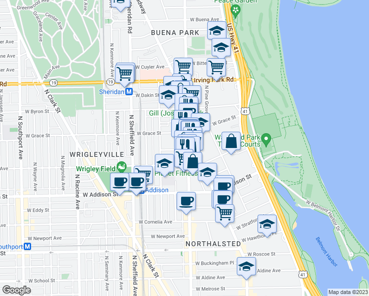 map of restaurants, bars, coffee shops, grocery stores, and more near 3755 North Halsted Street in Chicago