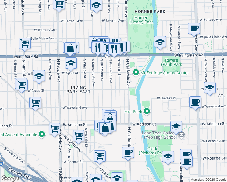 map of restaurants, bars, coffee shops, grocery stores, and more near 3803 North Francisco Avenue in Chicago