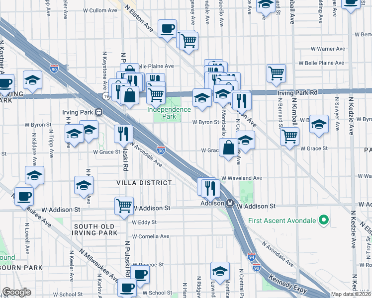 map of restaurants, bars, coffee shops, grocery stores, and more near 3810 North Hamlin Avenue in Chicago