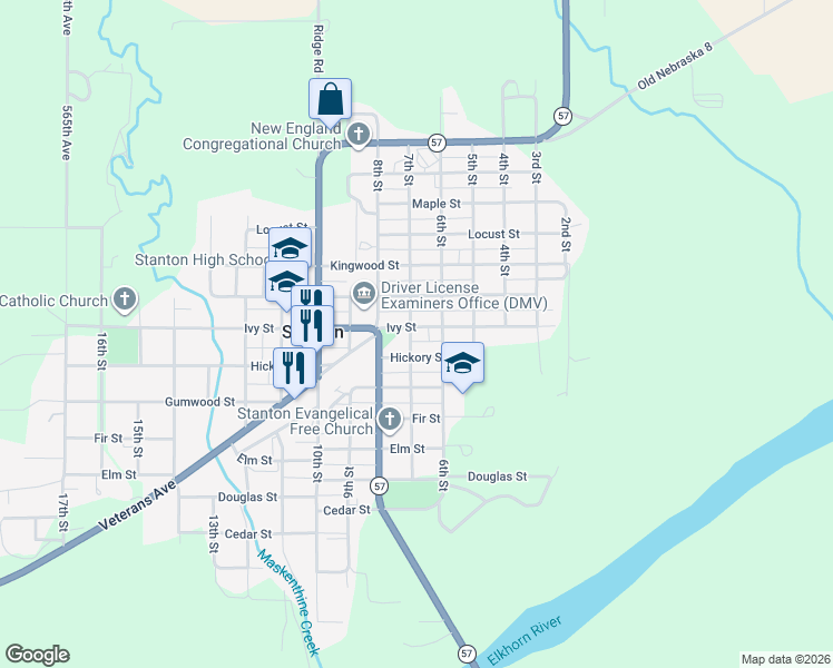 map of restaurants, bars, coffee shops, grocery stores, and more near 600-698 Ivy St in Stanton