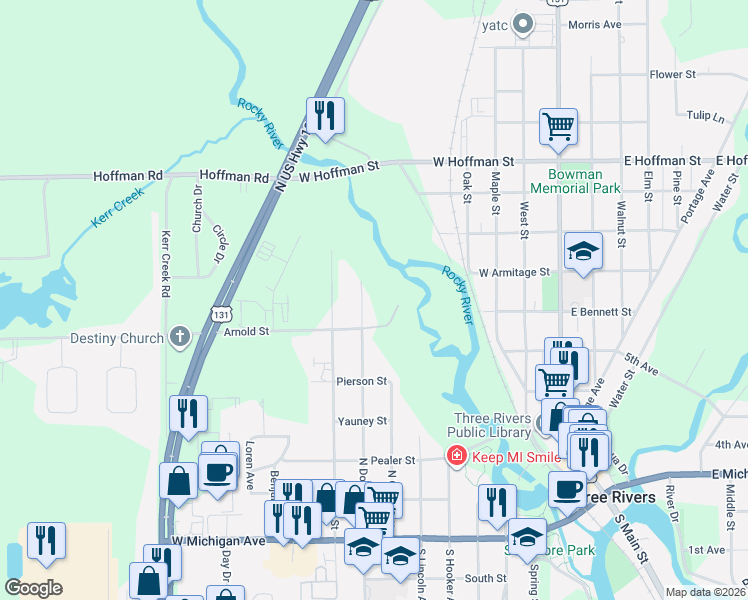 map of restaurants, bars, coffee shops, grocery stores, and more near 631 North Douglas Avenue in Three Rivers
