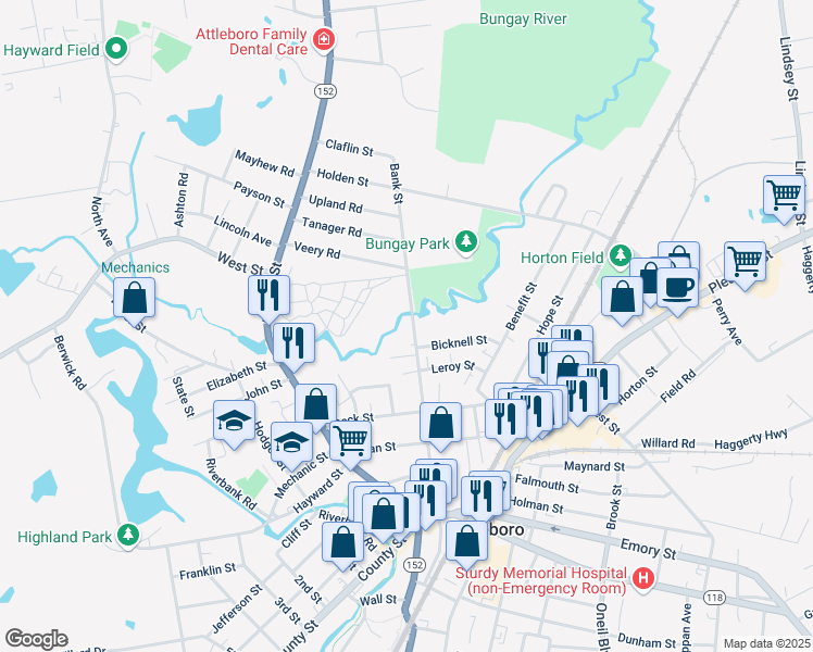 map of restaurants, bars, coffee shops, grocery stores, and more near 166 Bank Street in Attleboro