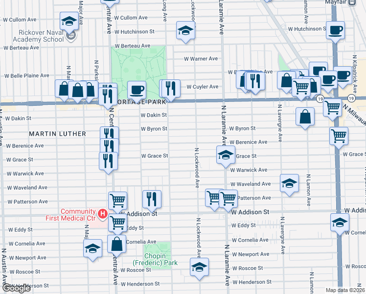 map of restaurants, bars, coffee shops, grocery stores, and more near 5319 West Berenice Avenue in Chicago