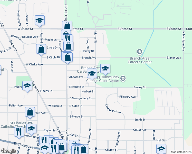 map of restaurants, bars, coffee shops, grocery stores, and more near 366 Morse Street in Coldwater