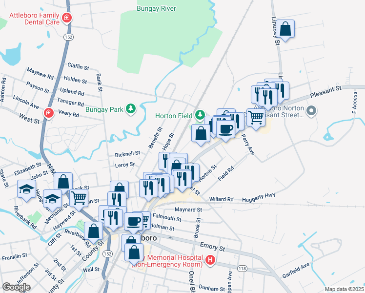 map of restaurants, bars, coffee shops, grocery stores, and more near 10 Foley Street in Attleboro