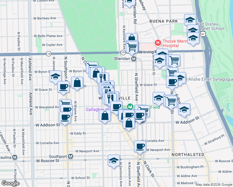 map of restaurants, bars, coffee shops, grocery stores, and more near 3749 North Clifton Avenue in Chicago