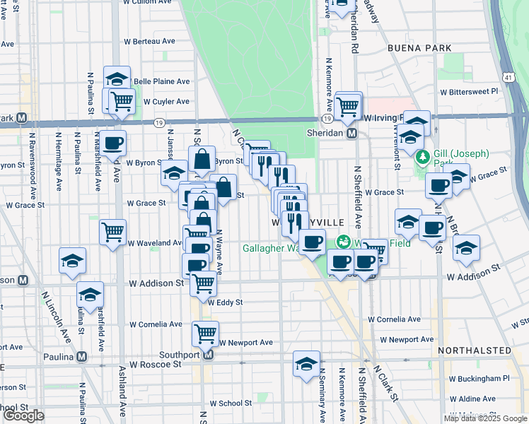 map of restaurants, bars, coffee shops, grocery stores, and more near 3743 North Magnolia Avenue in Chicago