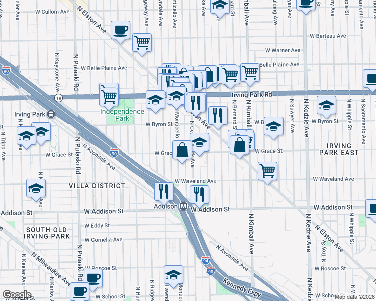 map of restaurants, bars, coffee shops, grocery stores, and more near 3809 North Monticello Avenue in Chicago