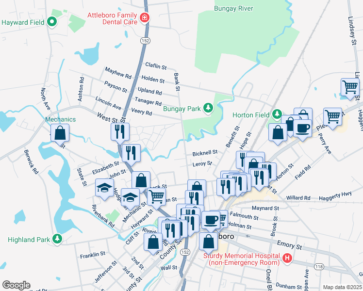 map of restaurants, bars, coffee shops, grocery stores, and more near 166 Bank Street in Attleboro