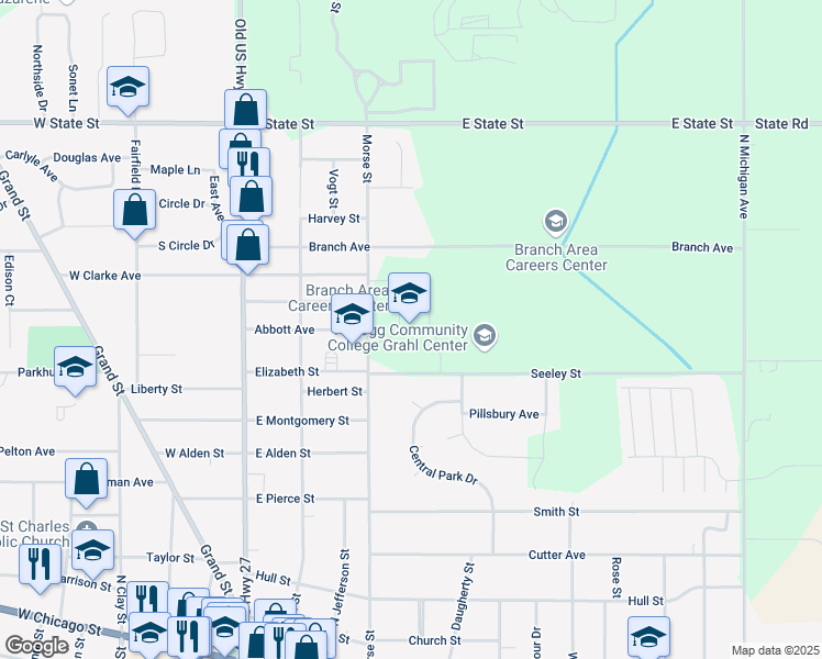 map of restaurants, bars, coffee shops, grocery stores, and more near 366 Morse Street in Coldwater