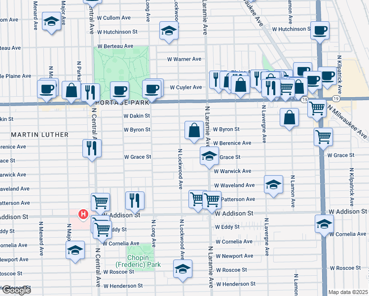 map of restaurants, bars, coffee shops, grocery stores, and more near 5249 West Berenice Avenue in Chicago