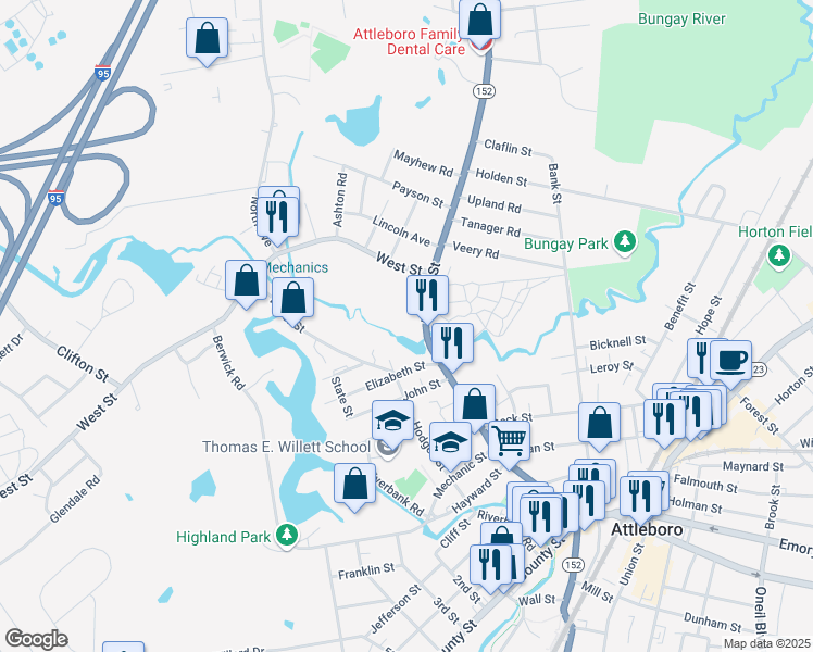 map of restaurants, bars, coffee shops, grocery stores, and more near 214 North Main Street in Attleboro