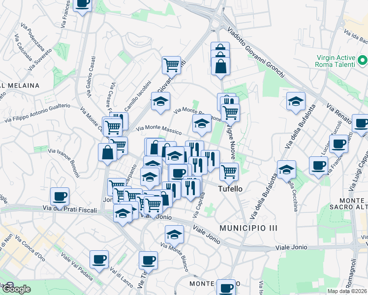 map of restaurants, bars, coffee shops, grocery stores, and more near 31 Via Monte Taburno in Roma