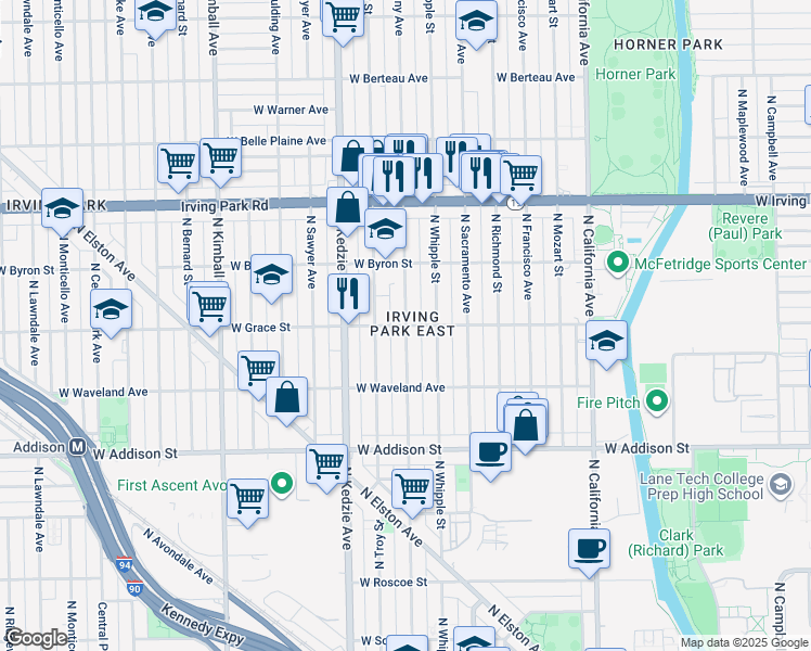 map of restaurants, bars, coffee shops, grocery stores, and more near North Albany Avenue in Chicago