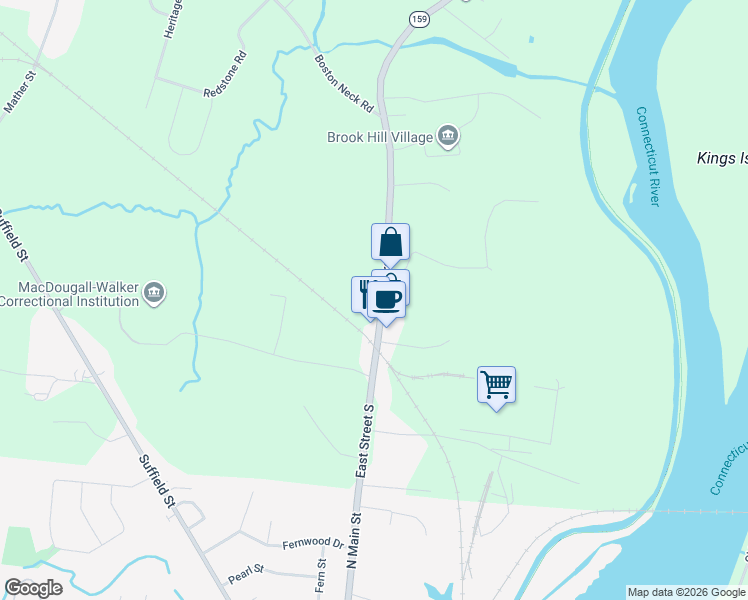 map of restaurants, bars, coffee shops, grocery stores, and more near 1087 East Street South in Suffield