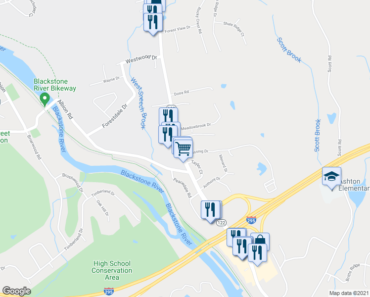 map of restaurants, bars, coffee shops, grocery stores, and more near 2033 Mendon Road in Cumberland