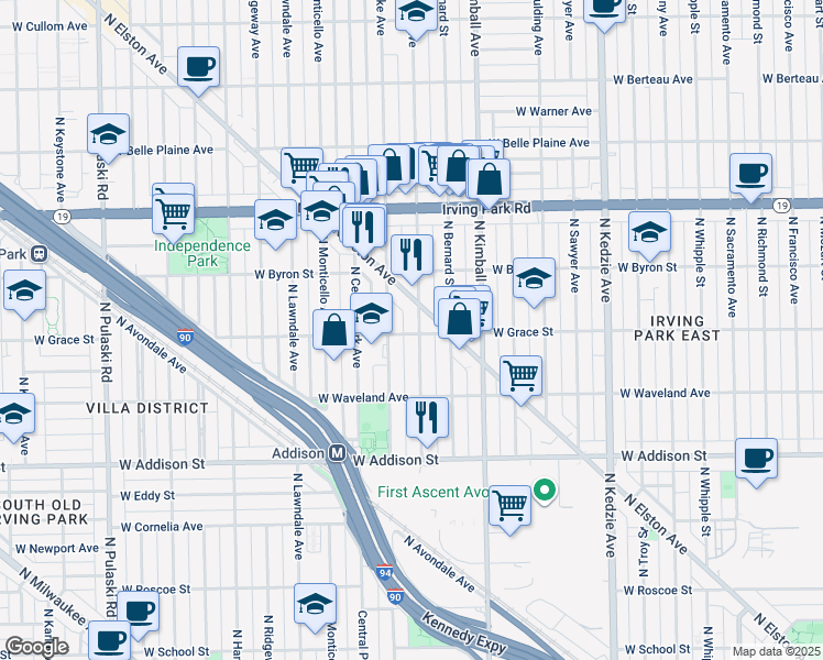 map of restaurants, bars, coffee shops, grocery stores, and more near 3504 West Grace Street in Chicago