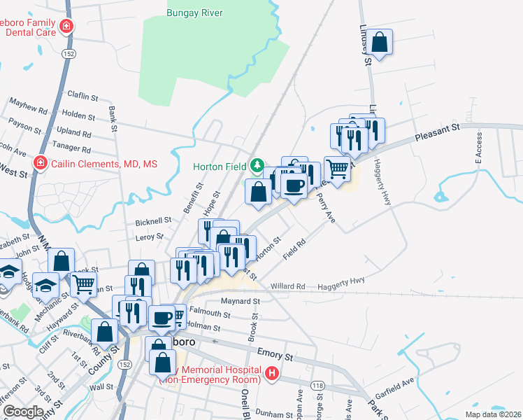 map of restaurants, bars, coffee shops, grocery stores, and more near 8 Angell Street in Attleboro
