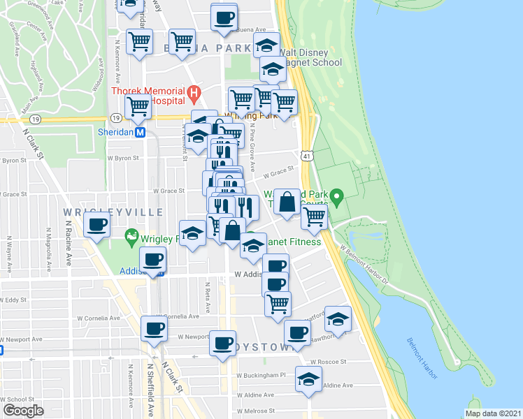 map of restaurants, bars, coffee shops, grocery stores, and more near 3738 North Pine Grove Avenue in Chicago