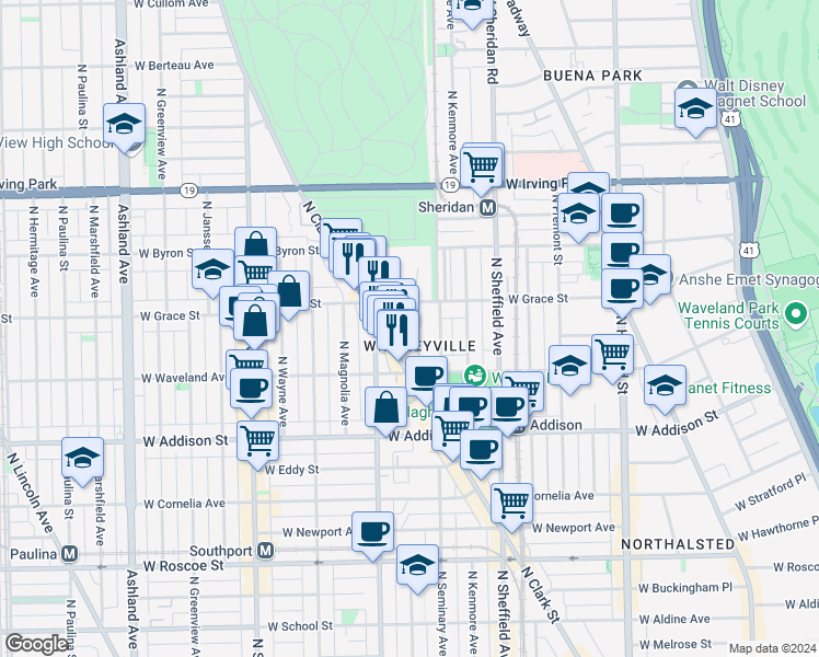 map of restaurants, bars, coffee shops, grocery stores, and more near 3730 North Clark Street in Chicago