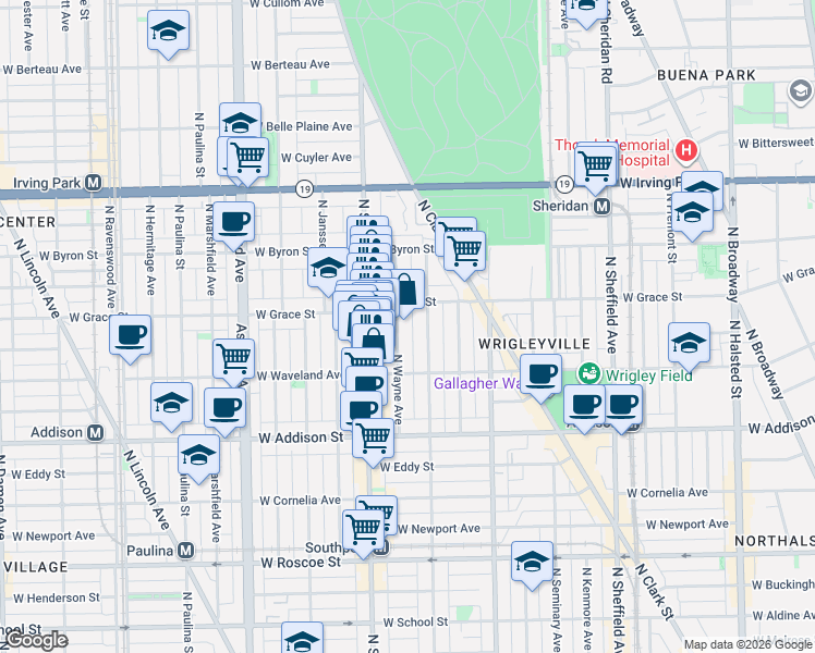 map of restaurants, bars, coffee shops, grocery stores, and more near 3752 North Wayne Avenue in Chicago