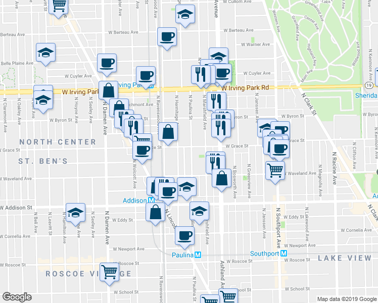 map of restaurants, bars, coffee shops, grocery stores, and more near 3759 North Hermitage Avenue in Chicago