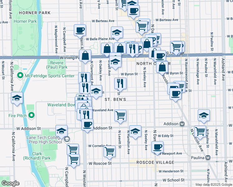 map of restaurants, bars, coffee shops, grocery stores, and more near 3800 North Leavitt Street in Chicago
