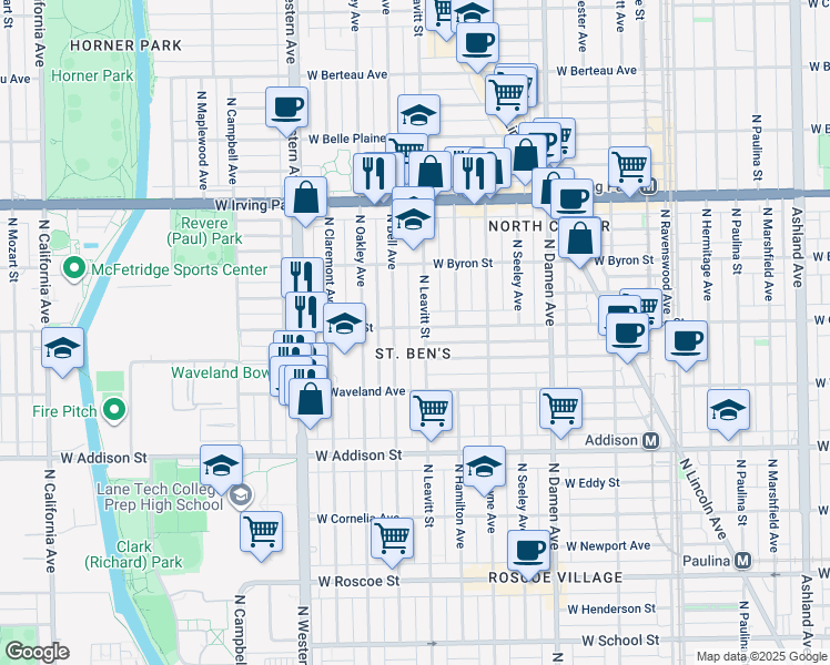 map of restaurants, bars, coffee shops, grocery stores, and more near 3800 North Leavitt Street in Chicago