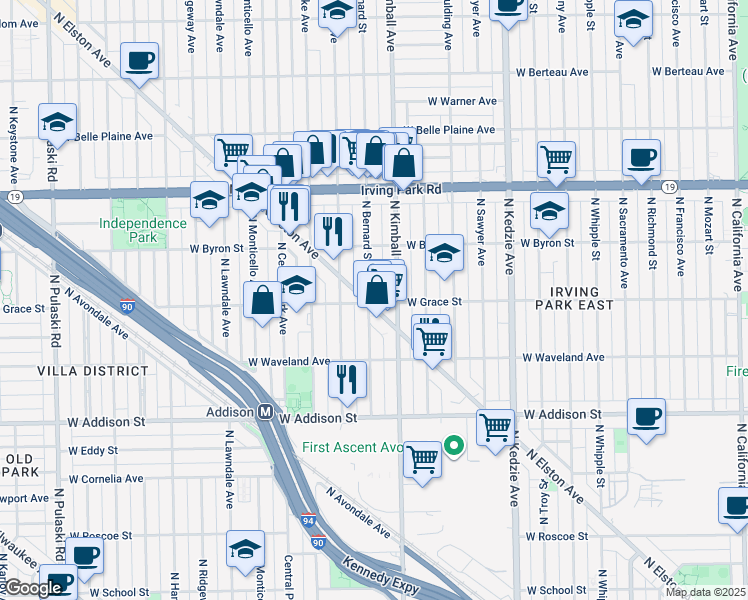 map of restaurants, bars, coffee shops, grocery stores, and more near 3805 North Bernard Street in Chicago